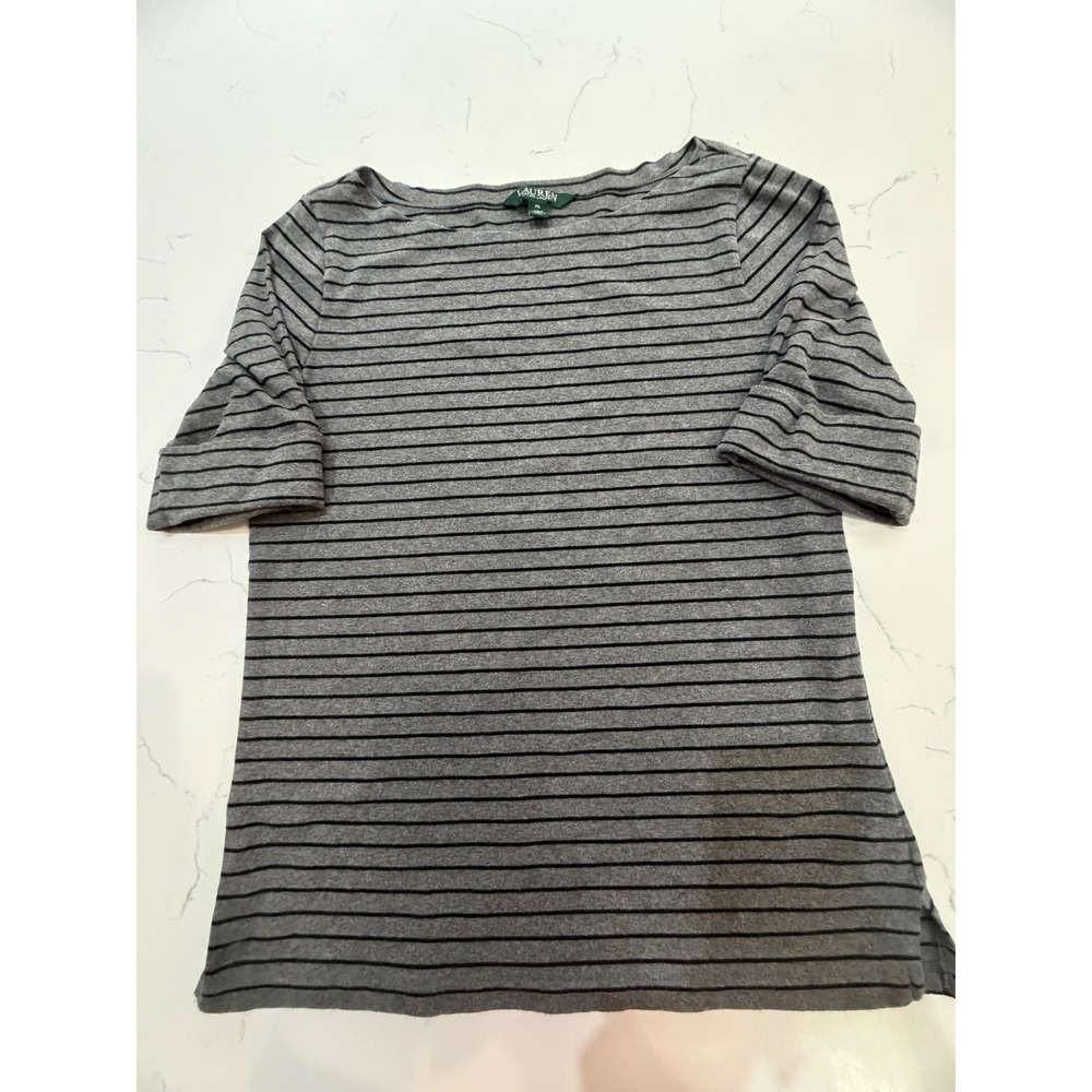 Lauren Ralph Lauren Women XL Grey Black Striped Boat Neck Elbow Sleeve Knit Top